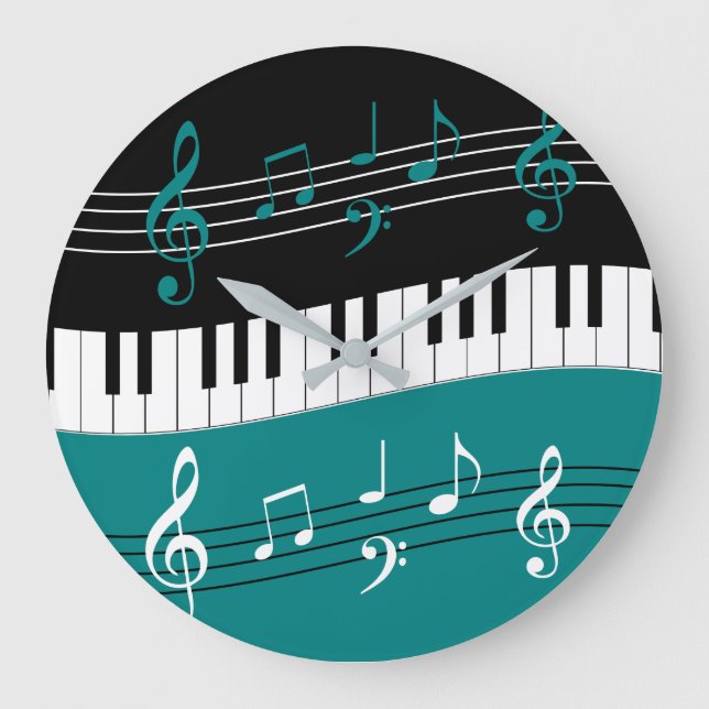 Grande Horloge Ronde Clés et notes de piano Turquoise noir blanc (Recto)