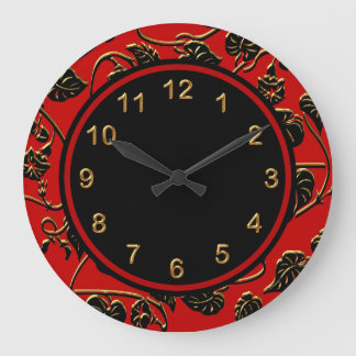 Grande Horloge Ronde Clock Black Red Gold Trim Damask Floral