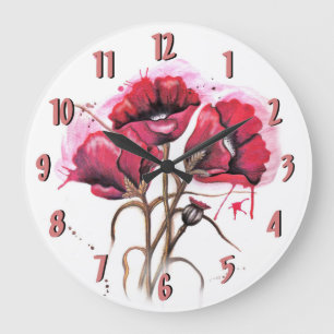 Grande Horloge Ronde Clock Red Watercolor Poppies