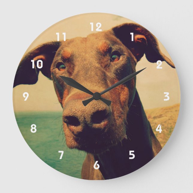 Grande Horloge Ronde Closeudo drôle d'un chien Doberman naturel (Recto)
