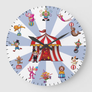 Grande Horloge Ronde Clowns de cirque mignons et thème animalier
