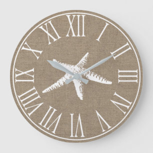 Grande Horloge Ronde Coastal Elegant Faux Burlap & White Starfish