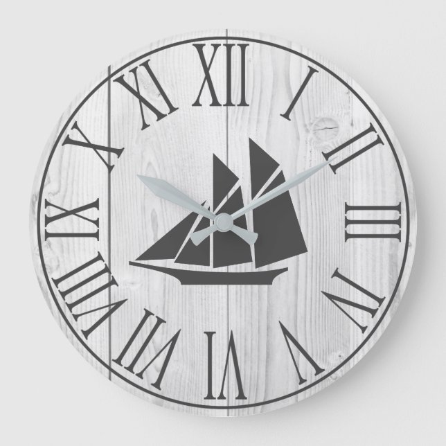 Grande Horloge Ronde Coastal Faux White Wood & Sailboat Silhouette (Recto)