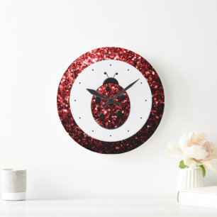 Grande Horloge Ronde Coccinelle rouge foncé faux paillettes scintillant