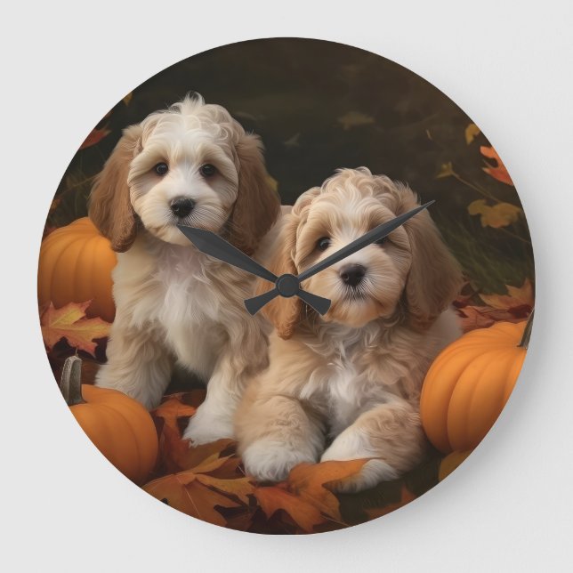 Grande Horloge Ronde Cockapoo Puppy Citrouille d'automne (Recto)