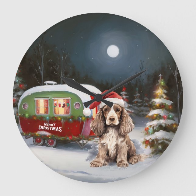 Grande Horloge Ronde Cocker d'hiver Spaniel Caravan Christmas Adventure (Recto)