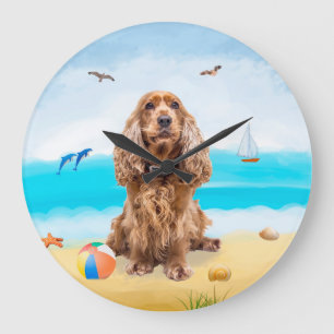 Grande Horloge Ronde Cocker Spaniel Chien sur la plage