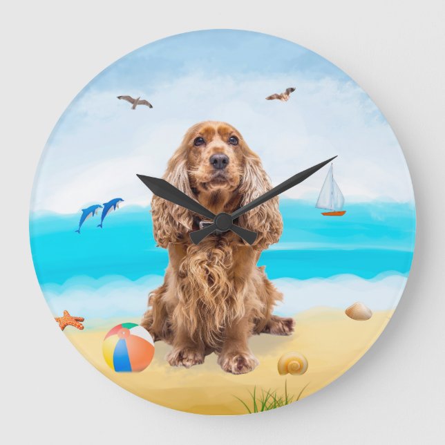 Grande Horloge Ronde Cocker Spaniel Chien sur la plage (Recto)