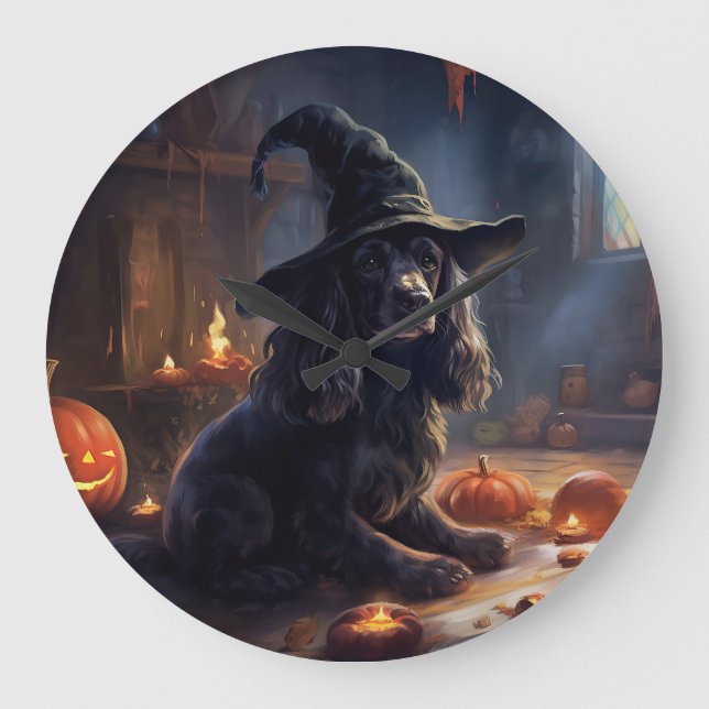 Grande Horloge Ronde Cocker Spaniel Citrouilles Halloween effrayant (Recto)