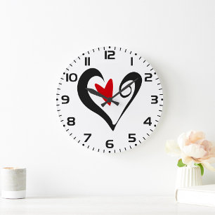 Grande Horloge Ronde Cœur Abstrait Rouge et Noir Moderne Romantique