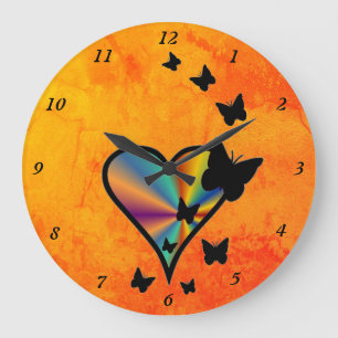 Grande Horloge Ronde Coeur arc-en-ciel et papillon
