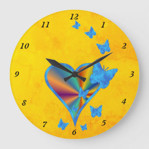 Grande Horloge Ronde Coeur arc-en-ciel et papillon
