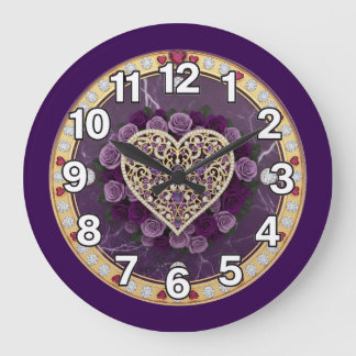 Grande Horloge Ronde Cœur avec du violet 