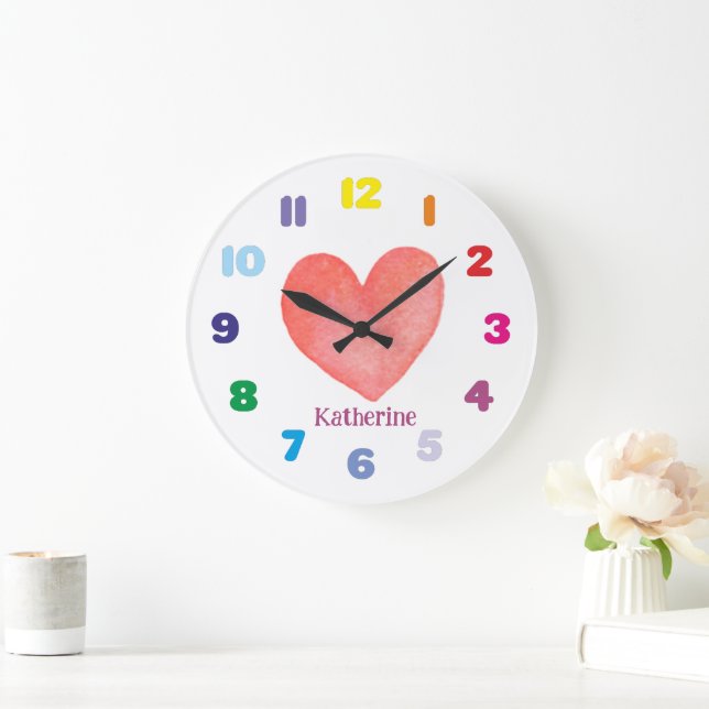 Grande Horloge Ronde Coeur d'aquarelle personnalisé pour enfant (Maison)