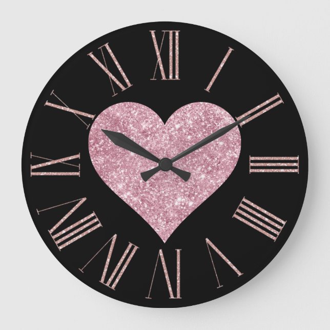 Grande Horloge Ronde Coeur de Parties scintillant rose sur noir (Recto)