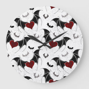Grande Horloge Ronde Cœur d'Halloween avec ailes de chauve-souris noire