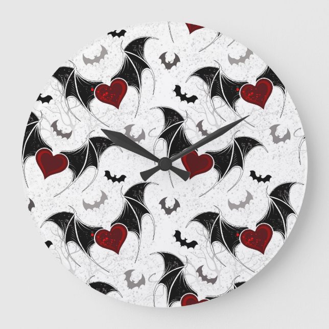 Grande Horloge Ronde Cœur d'Halloween avec ailes de chauve-souris noire (Recto)