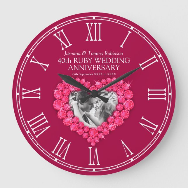 Grande Horloge Ronde Coeur photo rouge rubis 40e anniversaire de mariag (Recto)