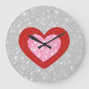 Grande Horloge Ronde Coeur rose d'amour de Bling