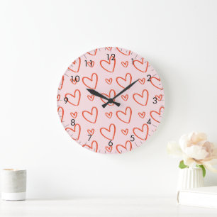 Grande Horloge Ronde coeur rose et rouge