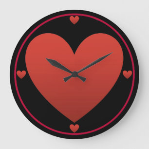 Grande Horloge Ronde Coeur rouge sur le noir