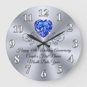 Grande Horloge Ronde Cœur Saphir Cadeau de 45e Anniversaire de Mariage