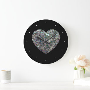 Grande Horloge Ronde Cœur scintillant en mosaïque argentée