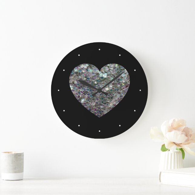 Grande Horloge Ronde Cœur scintillant en mosaïque argentée (Maison)
