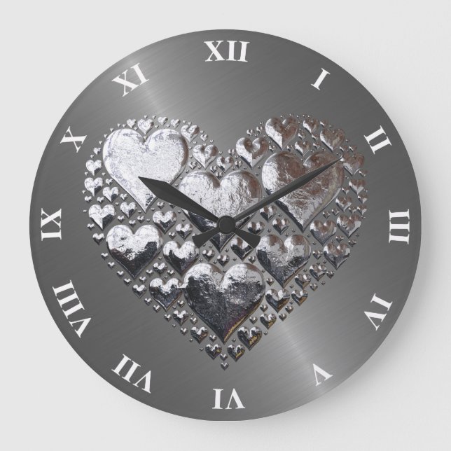 Grande Horloge Ronde Coeurs Argent Sur Acier Brossé (Recto)