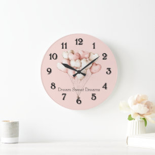 Grande Horloge Ronde Cœurs Ballons Crème Rose  