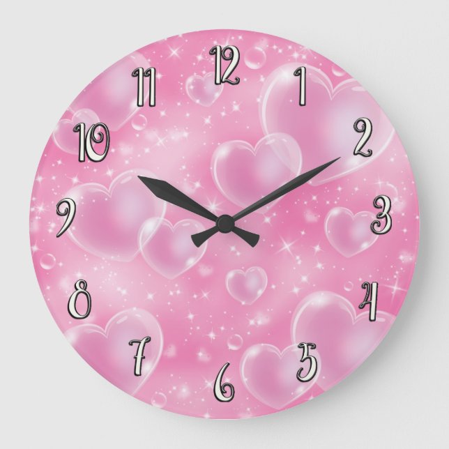 Grande Horloge Ronde Cœurs bulles roses style mignon fille 90's (Recto)