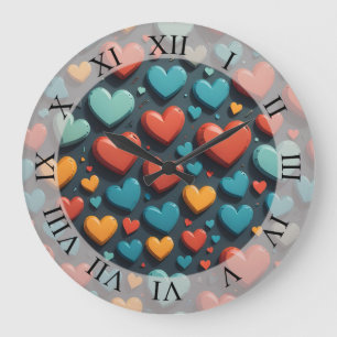 Grande Horloge Ronde Coeurs colorés, art Valentin