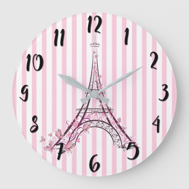 Grande Horloge Ronde Coeurs et papillons roses Paris Tour Eiffel (Recto)