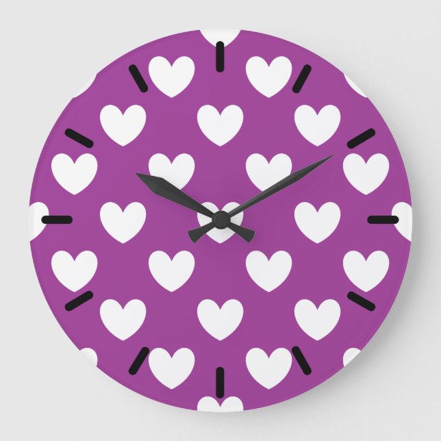 Grande Horloge Ronde Coeurs polka blanc sur violet (Recto)