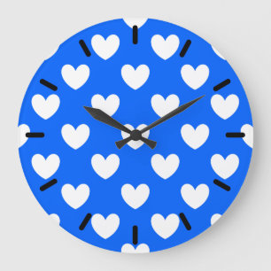 Grande Horloge Ronde Coeurs polka blancs sur bleu
