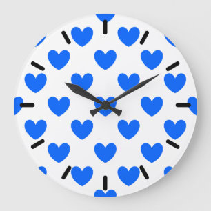 Grande Horloge Ronde Coeurs polka bleu sur blanc