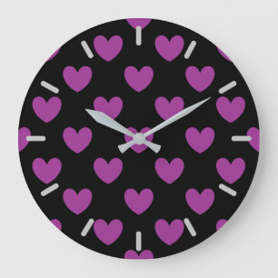 Grande Horloge Ronde Coeurs polka violet sur noir