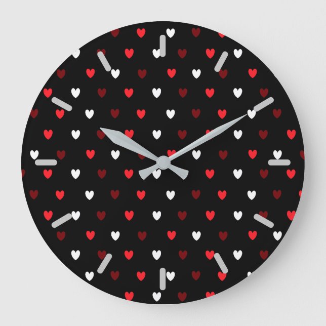 Grande Horloge Ronde Coeurs rouge et blanc sur noir (Recto)