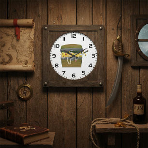 Grande Horloge Ronde Coffre au trésor de pirate avec bijoux et épée