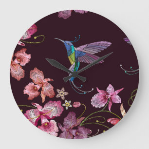 Grande Horloge Ronde Colibri et orchidée, mode sans couture tropicale.