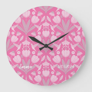 Grande Horloge Ronde Colibri floral personnalisé rose rose scandinave f