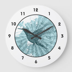Grande Horloge Ronde Colibri grunge bleu