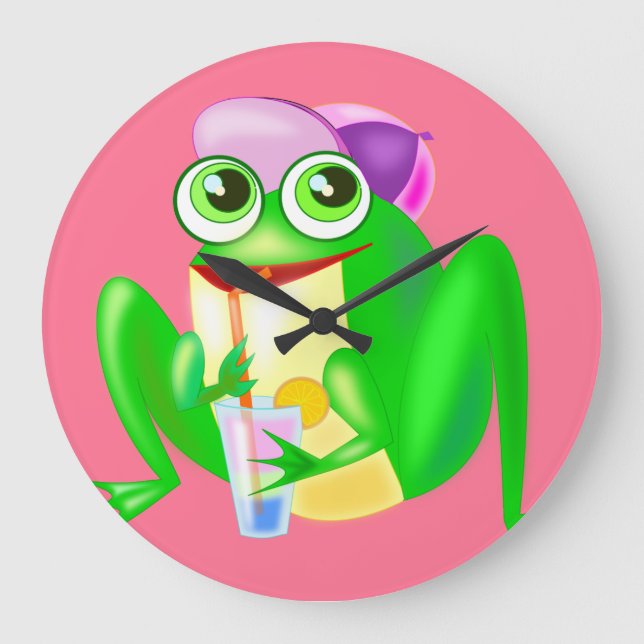Grande Horloge Ronde Colk drôle avec Happy Party Frog - Votre couleur (Recto)