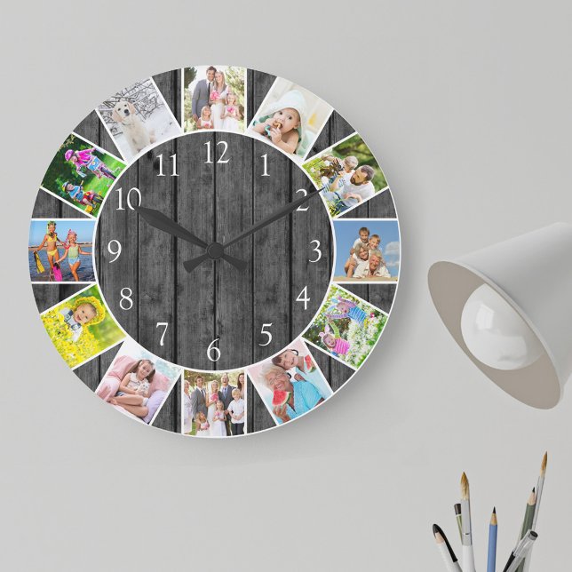 Grande Horloge Ronde Collage de 12 photos personnalisées Gris Bois rond (Photo clock with 12 photos, one at each hour. Great design for your home or a thoughtful photo gift.)