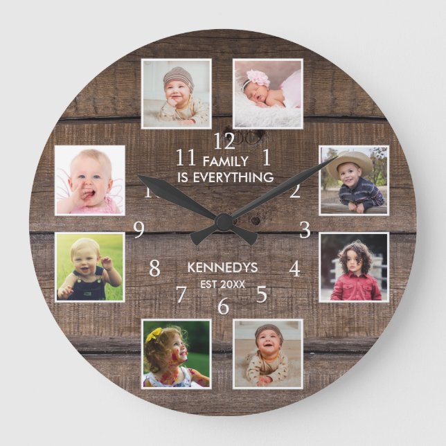 Grande Horloge Ronde Collage de 8 photos personnalisé Bois Brown rustiq (Recto)