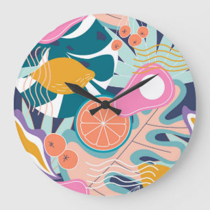 Grande Horloge Ronde Collage de jungle exotique et moderne.