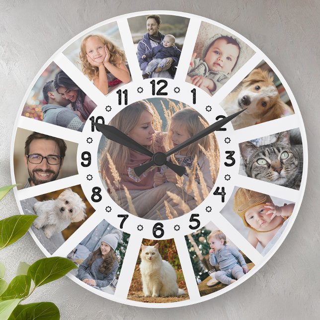 Grande Horloge Ronde Collage de photos familiales 13 photos avec chiffr (Créateur téléchargé)