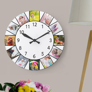 Grande Horloge Ronde Collage personnalisé de 12 photos rondes blanches