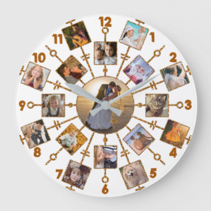 Grande Horloge Ronde Collage Photo Famille 17 Photos Joli Blanc Or