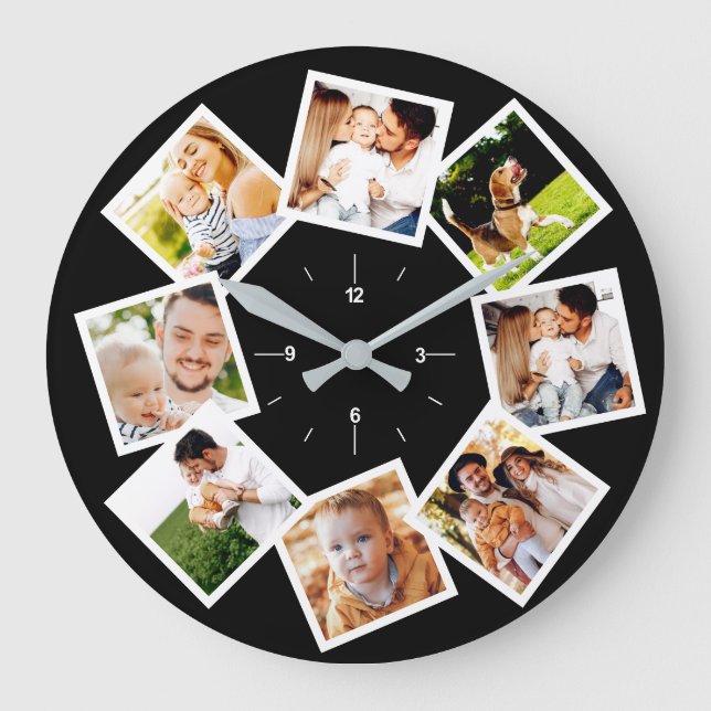 Grande Horloge Ronde Collage Photo Famille Chic Noir Et Blanc (Recto)